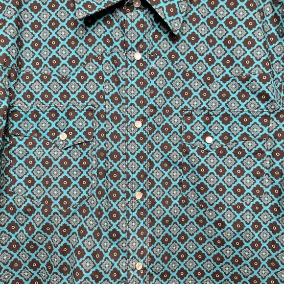 VTG 80s Wrangler Wrancher Western Cowboy Turquoise Pearl Snap Abstract Shirt Lg - Picture 7 of 8